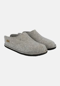 Gray felt slippers with a rounded toe, featuring a black rubber sole and a small metallic accent on the side. Simple, slip-on design.