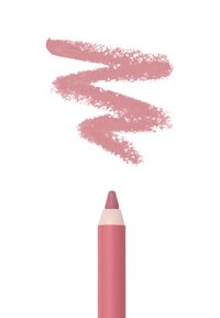 Roze lippenpotlood met een matte afwerking en een spitse punt, naast drie swatches van dezelfde kleur op een witte achtergrond.