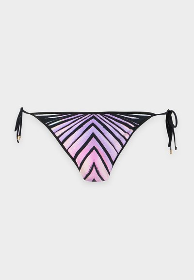 Bas de bikini noir avec liens sur les côtés et un motif chevron violet et rose sur le panneau avant sur fond blanc.