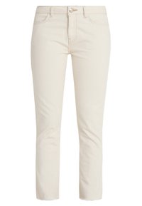 Bežové bavlněné džíny s rovnými nohavicemi, předními kapsami a knoflíkovým zapínáním. Disponují čistým lemem a minimálními švy.