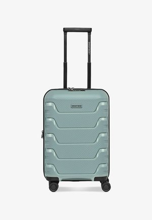 Hellgrüner Hartschalenkoffer mit vier Drehrollen, ausziehbarem schwarzem Griff und Smartbox-Logo auf der Vorderseite.