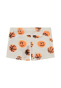Drengebadebukser i et blødt, letvægtsstof med beige baggrund og orange mønstre af smiley-ansigter og basketball. Elastisk linning.