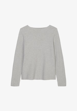 Lichtgrijze gebreide trui met lange mouwen en een ronde halslijn, met een rechte zoom, plat weergegeven op een witte achtergrond.