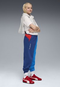 Blaue und rote Color-Blocked-Sweatpants mit einem elastischen Bund, seitlichen Taschen und weißem Logo-Detail, kombiniert mit einem grauen Sweatshirt und roten Sneakers.