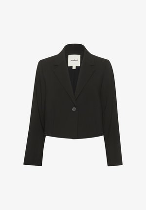Mustavartalo blazer, joka on valmistettu sileästä kankaasta. Siinä on pitkät hihat, lovikaulus ja yksittäinen nappi edessä.