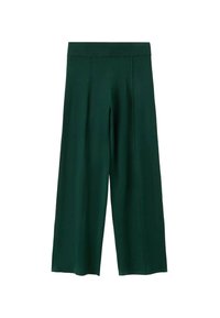 Pantalones de pierna ancha de color verde oscuro, hechos de una tela suave. Cuentan con una cintura acanalada, pliegues en la parte delantera y una textura lisa.
