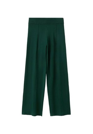 Pantalones de pierna ancha de color verde oscuro, hechos de una tela suave. Cuentan con una cintura acanalada, pliegues en la parte delantera y una textura lisa.