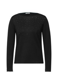 Schwarzer Langarmpullover mit rundem Ausschnitt, der ein Muster aus kleinen, funkelnden Strasssteinen im oberen Bereich aufweist. Weiche Textur.