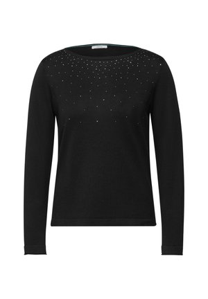 Maglione nero a maniche lunghe con scollatura tonda, caratterizzato da un motivo di piccoli strass luccicanti nella parte superiore. Tessuto morbido.