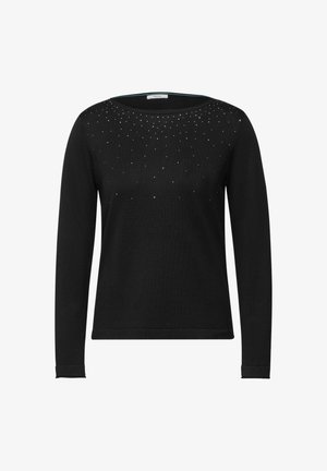 Zwarte trui met lange mouwen en een ronde halslijn, voorzien van een patroon van kleine, glinsterende rhinestones nabij het bovenste deel. Zachte textuur.