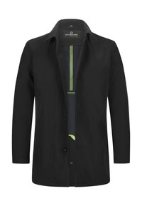 Schwarze Jacke mit Kragen, Knopfverschluss, einem Netzinnenfutter und grünen Akzenten. Glatte Textur und lange Ärmel.