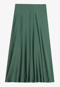 Jupe maxi verte en tissu lisse, présentant un design évasé et une silhouette fluide, sans motifs ni embellissements visibles.