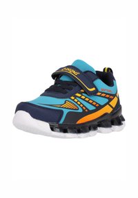 Blaues und marineblaues Sportschuh mit gelben Akzenten, Obermaterial aus Mesh, gepolsterter Kragen, verstellbarer Klettverschluss und weiße, gepolsterte Sohle.