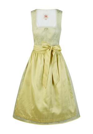 Lichtgele traditionele dirndl met mouwloos lijfje, vierkante halslijn en een gestrikte tailleband over een geplooide rok.