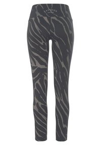 Leggings in donkergrijs met een gedurfde, abstracte zebraprint in lichter grijs. Hoge tailleband; rekbare, gladde stof.