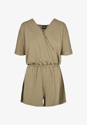 Chaki romperis su suvyniojimo dizainu, trumpomis rankovėmis, elastingu liemeniu ir laisvu siluetu. Pagamintas iš minkštos, glotnios medžiagos be matomų raštų.