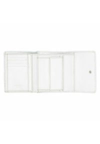 Portafoglio in pelle bianca con più scomparti per carte, una tasca centrale e dettagli cuciti. Dotato di chiusura a scatto per una conservazione sicura.