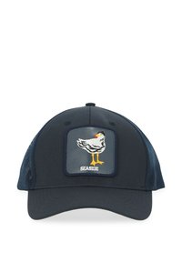 Marine pet met een gaasachterkant, voorzien van een geborduurde meeuwpatch en de tekst "SEASIDE". Gestructureerd ontwerp met een gebogen klep.
