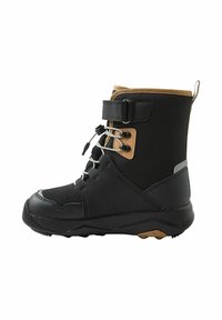 Czarne wodoodporne botki z brązowymi akcentami, sznurowane, z gumową podeszwą i wyściełanym kołnierzem dla komfortu. Teksturowana tkanina i trwała konstrukcja.