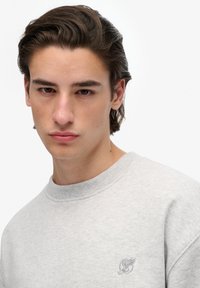 Light gray sweatshirt with a crew neck, ribbed cuffs, and a small embroidered logo on the left chest. Smooth texture, minimal design.