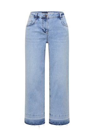 Jeans in denim azzurro chiaro a gamba larga con bottone e cerniera frontale, stile cinque tasche e orli sfrangiati.