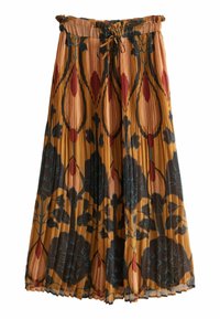 Pleated midi skirt in mustard yellow with red, blue, and green floral patterns. Elastic waistband with drawstring detail. Lightweight fabric.