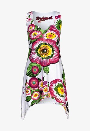 White sleeveless dress with large colorful floral patterns in pink, yellow, and green, featuring an asymmetrical hem and "Desigual" logo inside collar.