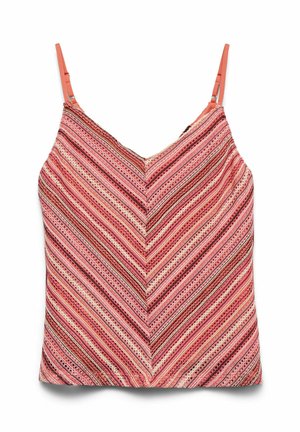 Mouwloze roze en rode gestreepte gebreide tanktop met spaghettibandjes en een visgraatpatroon in het midden aan de voorkant.