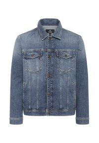 Džinsinis švarkas vidutinio plačio mėlynos spalvos, su apykakle, mygtukų uždarymu, dviem krūtinės kišenėmis ir ilgomis rankovėmis su rankogaliais.