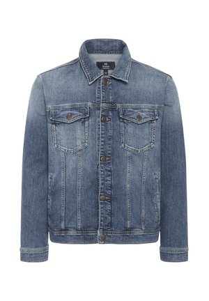 Farkkutakki keskipesussa sinisessä, jossa on kauluspanta, nappisuljenta, kaksi rintataskua ja pitkät hihat, joissa on hihansuut.