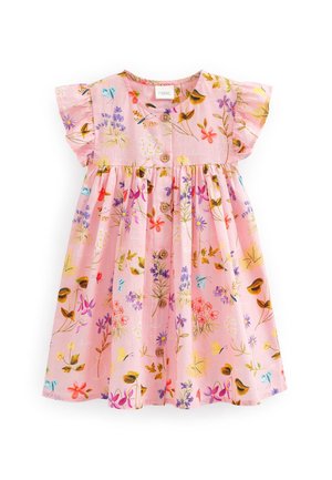 Robe rose pour tout-petit avec manches courtes à volants, boutons marron sur le devant et imprimé floral et papillon coloré.