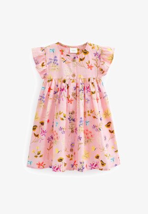 Robe rose pour tout-petit avec manches courtes à volants, boutons marron sur le devant et imprimé floral et papillon coloré.