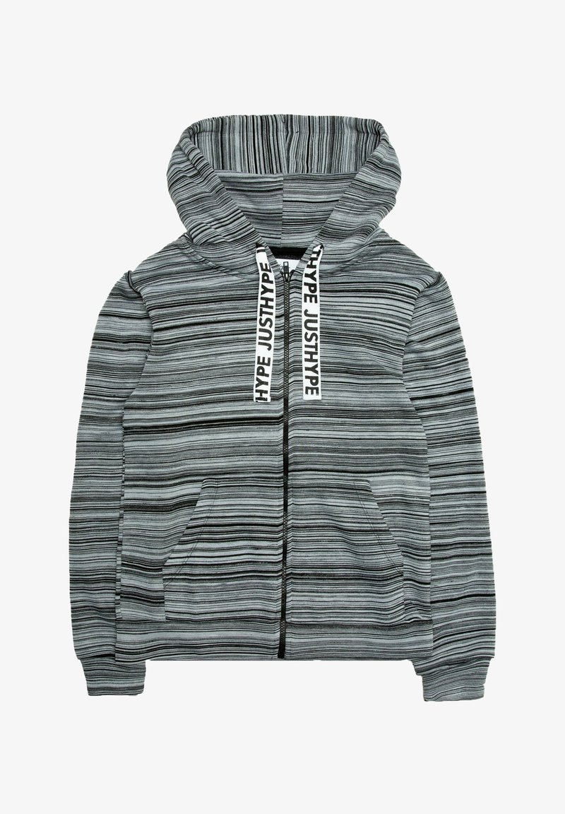 Sweat à capuche zippé rayé gris et noir avec poches avant et cordons blancs imprimés du mot "JUSTHYPE" en lettres noires.