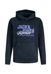 Sudadera con capucha azul marino con un bolsillo delantero, capucha con cordón, y texto de logo en negrita en blanco y azul. Material de mezcla de algodón con puños y dobladillo acanalados.