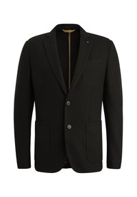 Zwarte blazer van een textuurstof. Heeft een notch lapel, een sluiting met twee knopen, twee voorzakken en een borstzak.