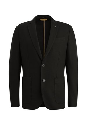 Blazer nero realizzato in tessuto texturizzato. Presenta rever a punta, chiusura a due bottoni, due tasche frontali e una tasca sul petto.