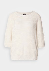 Pull blanc en maille à manches courtes avec un col rond et des poignets et ourlet côtelés, étiqueté avec une étiquette noire BOSS au niveau du col.