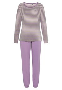 Haut à manches longues rayé violet et crème avec un col rond, associé à un pantalon lavande uni avec des poignets élastiques et une coupe décontractée.