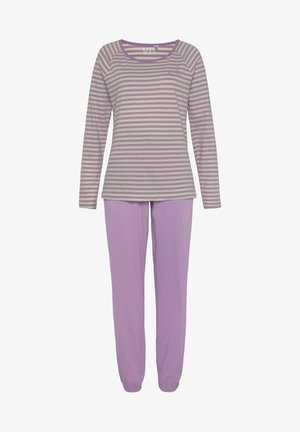 Lila und creme gestreiftes Langarmoberteil mit Rundhalsausschnitt, kombiniert mit einfarbigen Lavendelhosen mit elastischen Bündchen und einem lockeren Schnitt.
