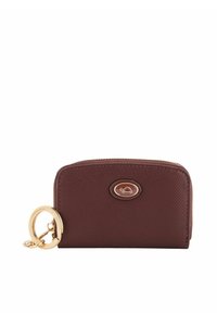 Brown leather wallet with textured surface, gold hardware ring, and logo accent. Zipper closure at the top, compact rectangular shape.
