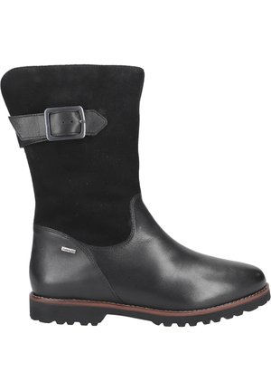 Black leather and suede ankle boot featuring a wide shaft, metal buckle accent, textured heel, and sturdy rubber sole.