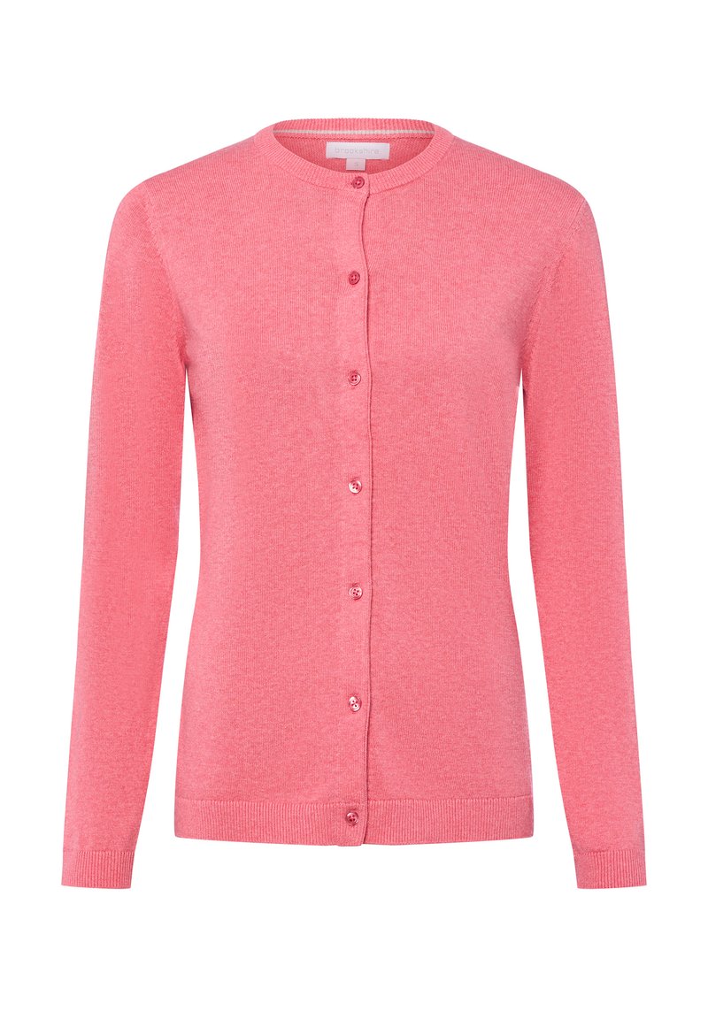 Cardigan rose à manches longues, col rond et fermeture à boutons sur le devant. Fabriqué en tissu tricoté doux, avec des boutons assortis et un ourlet côtelé.