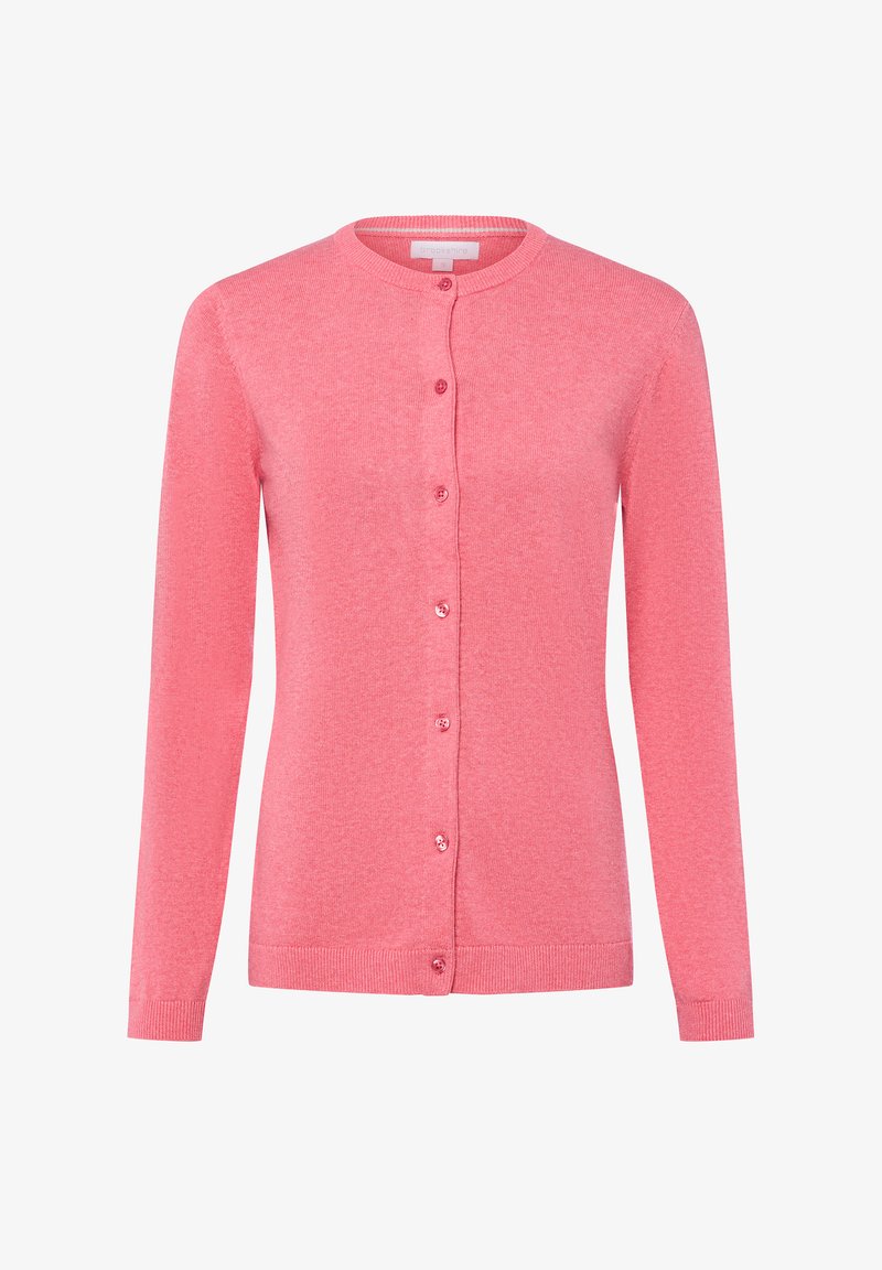 Cardigan rose à manches longues, col rond et fermeture à boutons sur le devant. Fabriqué en tissu tricoté doux, avec des boutons assortis et un ourlet côtelé.