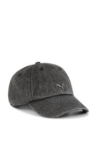 Dark gray cap made of fabric with a textured finish. Features a curved brim and a small metallic logo on the front.