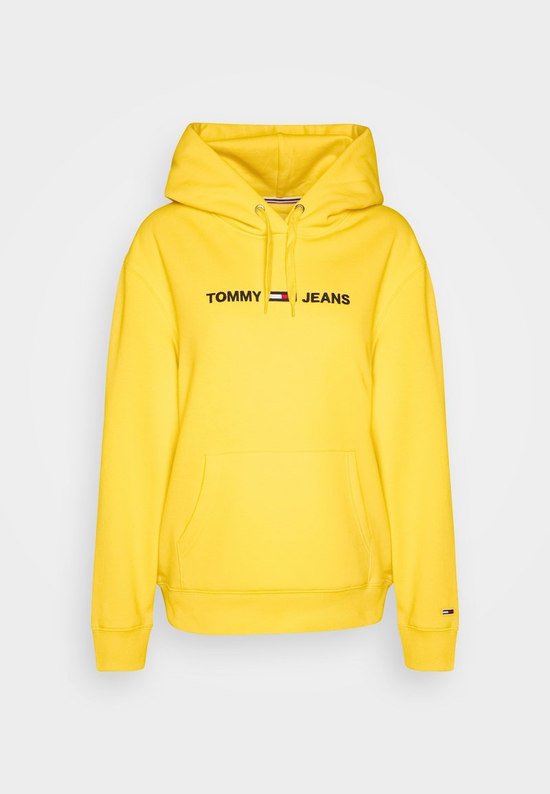 Geel hoodie met een voorzak, trekkoord capuchon en geborduurd "TOMMY JEANS" logo. Zachte stof met geribbelde manchetten en zoom.
