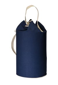 Dunkelblaue Canvas-Tasche mit Kordelzugverschluss und beigem Griff. Zylindrische Form mit glatter Textur und Metallaugenakzenten.