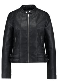 Veste de motard en simili cuir noir avec fermeture éclair à l'avant, col montant avec boutons-pression, deux poches zippées et sangles réglables à la taille.