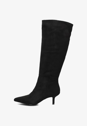 Black knee-high boot made of soft material, featuring a pointed toe, slim heel, and smooth texture without visible hardware or patterns.