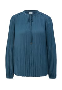 Blusa verde acqua con maniche lunghe, pieghe verticali, colletto rotondo e lacci alla gola. Tessuto morbido con una consistenza liscia.