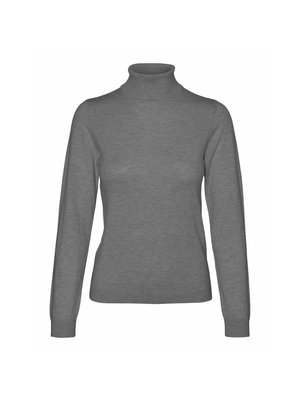 Gray turtleneck sweater made of soft fabric, featuring long sleeves, a fitted silhouette, and ribbed cuffs and collar.
